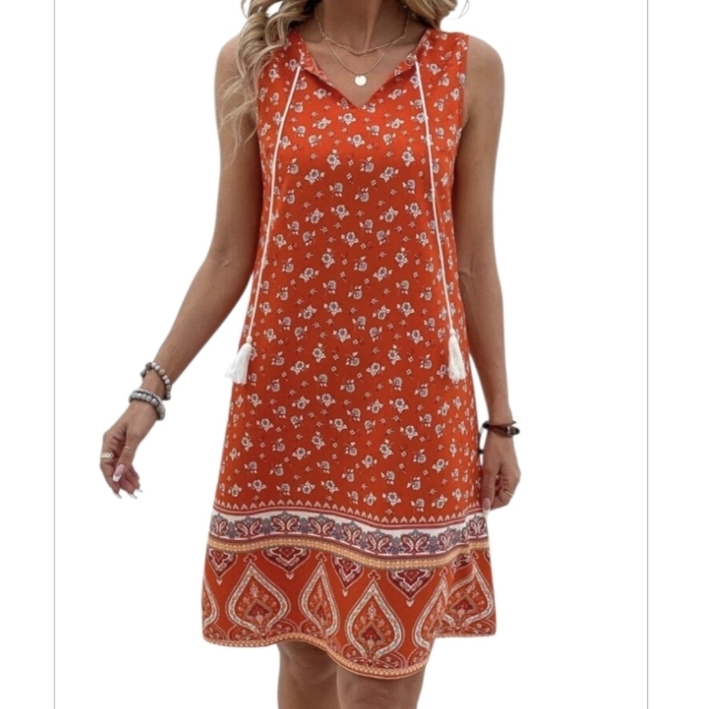 New Boutique Women's Orange Floral Paisley Sleeveless Dress L